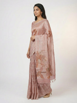 Semi Raw Silk Peach Saree with Modern Abstract Print