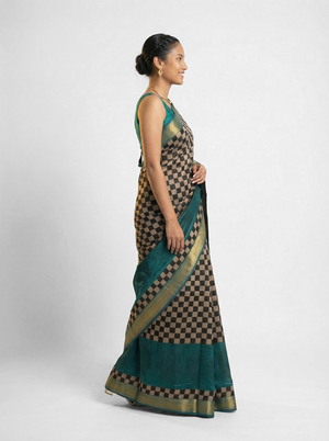 Chanderi Cotton Teal Checkered Saree