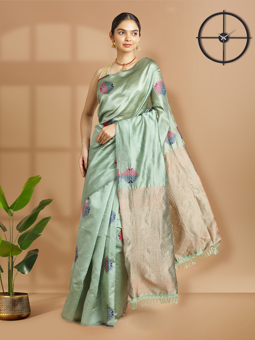 Pista Green Color Semi Silk Saree With Thread Worked Self Design Over Body