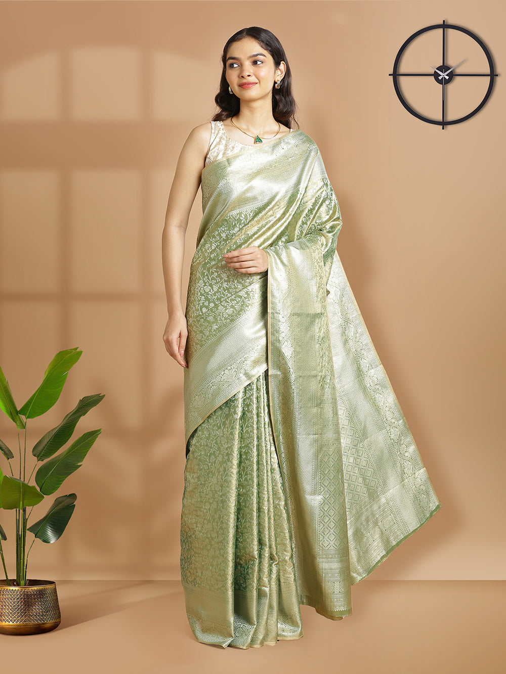 Olive Green With Golden Tissue Saree With Self Floral Design And Same Zari Border