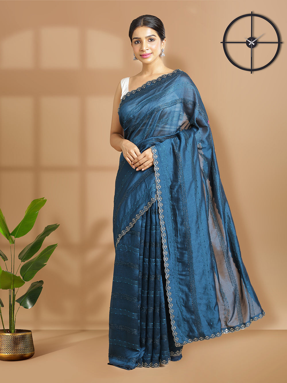 Teal Blue Vijithra Silk Saree with a Horizontal Stripe Design Over the Body