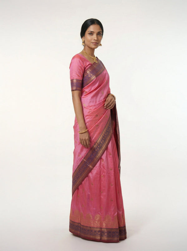 Semi Silk Premium Hot Pink Saree with Floral Butta Design