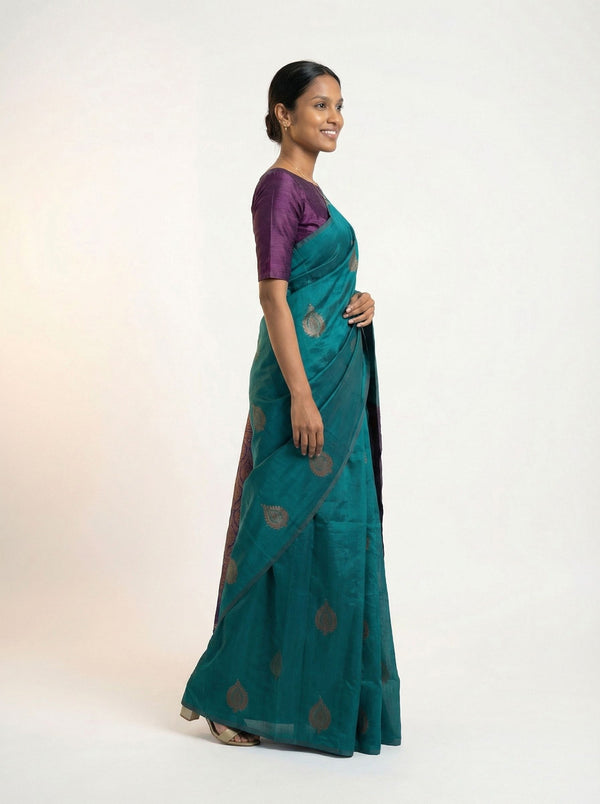 Art silk Teal Green Saree with Purple Zari Woven Border and Paisley Butta