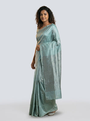 Semi Silk Women’s Pastel Sea Blue Saree with Spread Butta Motifs