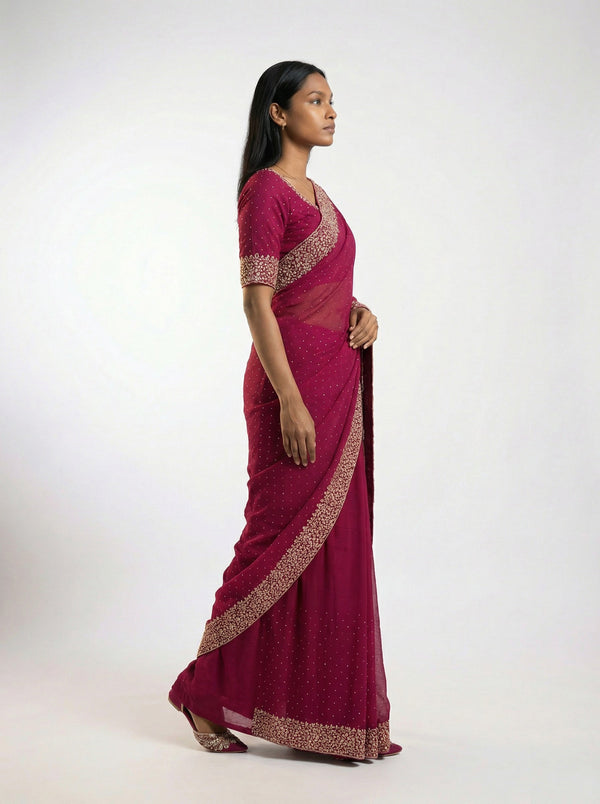 Vijithra Silk Rani Pink Embroidered Saree with Intricate Floral Border Work