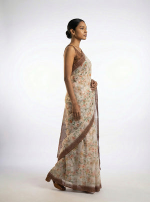 Cotton Cream Saree with Elegant Floral Prints All Over The Body