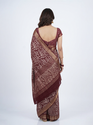 Chanderi Cotton Maroon Printed Saree with Zari Border