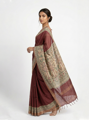 Semi Jute Brick Red Checked Weave Saree