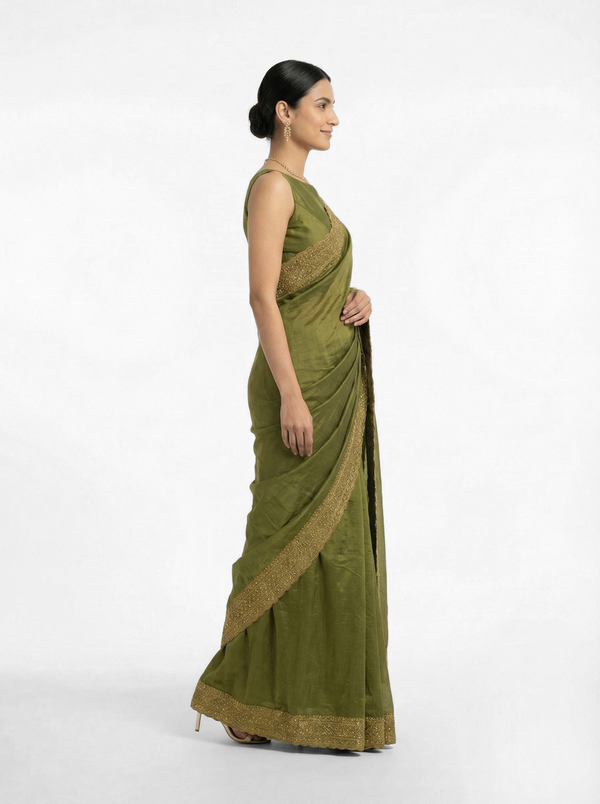 Vijithra Silk Olive Green Rich Zari Border Designer Saree