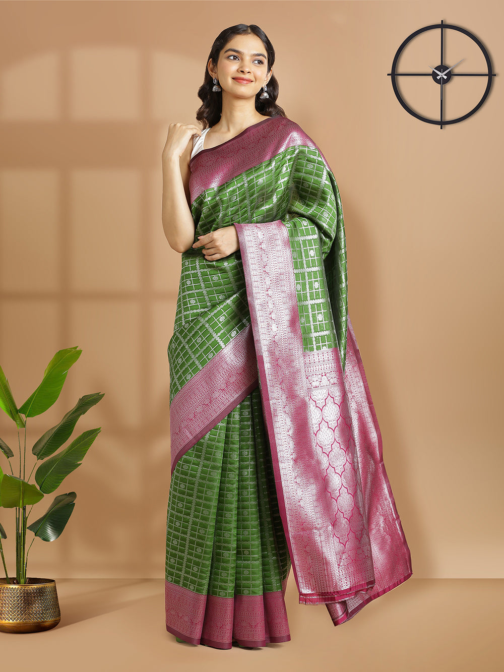 Mehandi Green Silver Check Designed Art Silk Saree With Wine Color Border
