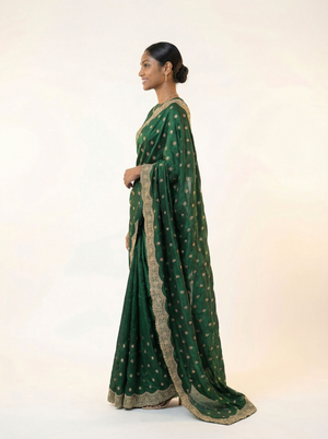 Shimmer Organza Bottle Green Polka Dot Designer Saree with Heavy Embroidered Border