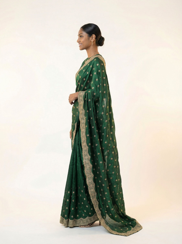 Shimmer Organza Bottle Green Polka Dot Designer Saree with Heavy Embroidered Border