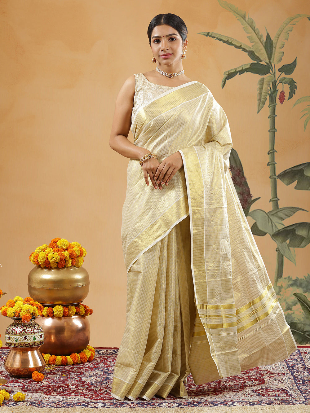 Golden Tissue Set saree With Golden Thin Lined Small Check Design