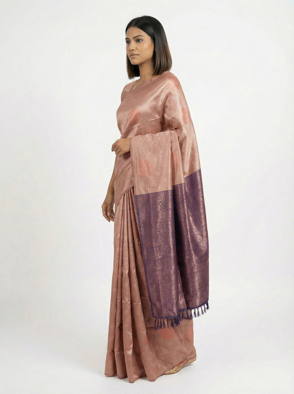 Semi Silk Elegant Ivory Brown Saree with Minimal Paisley Pattern