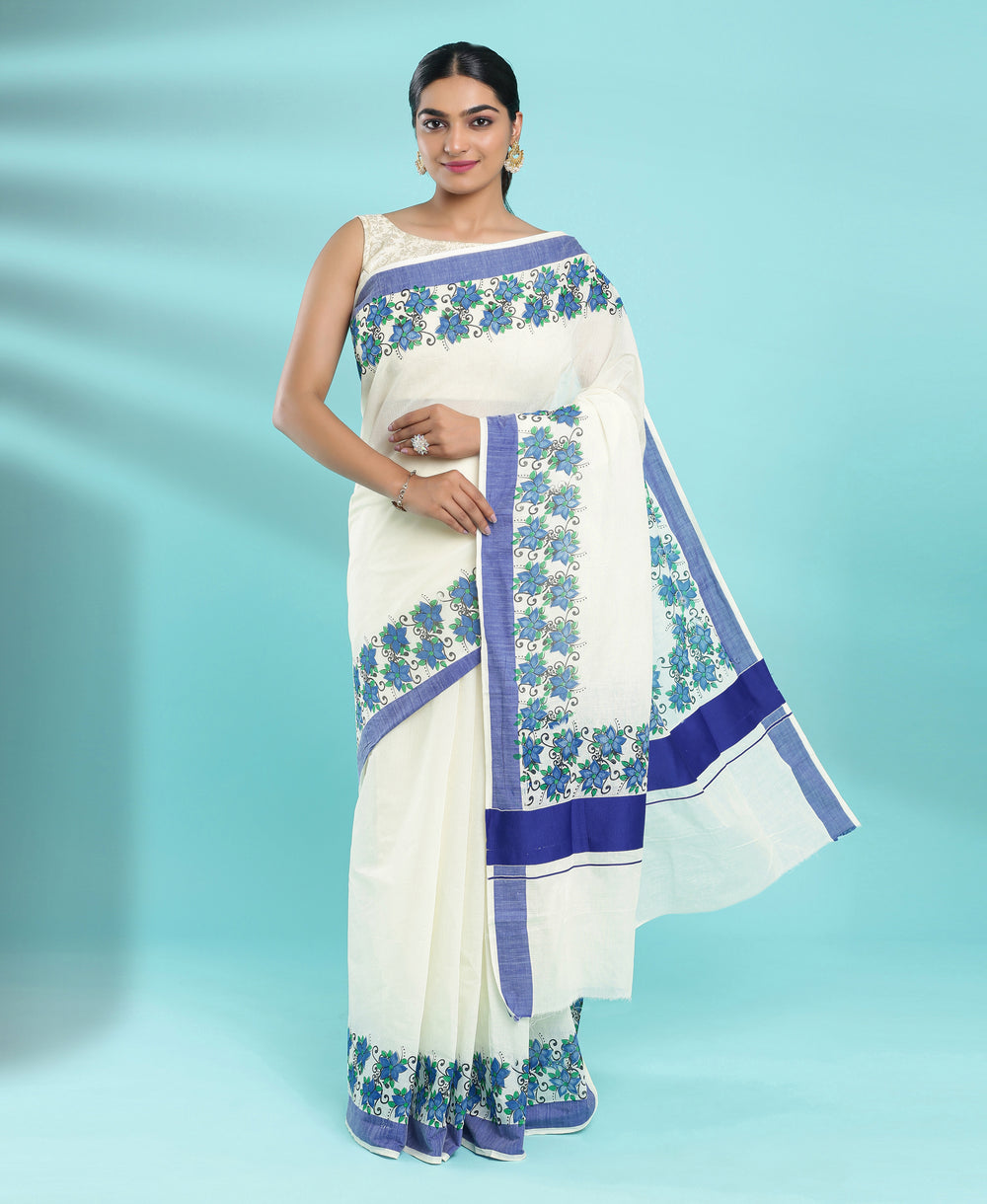 Cotton Blue Border Printed Set Saree
