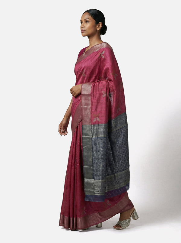 Art Silk Magenta Zari Butta Traditional Saree with Contrast Border