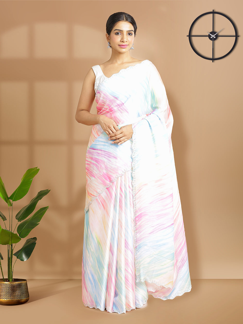 Light Peach Satin Crepe Saree With Multi Color Shibori Print Over Body