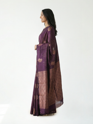 Semi Silk Deep Purple & Gold Striped Zari Pattern Saree