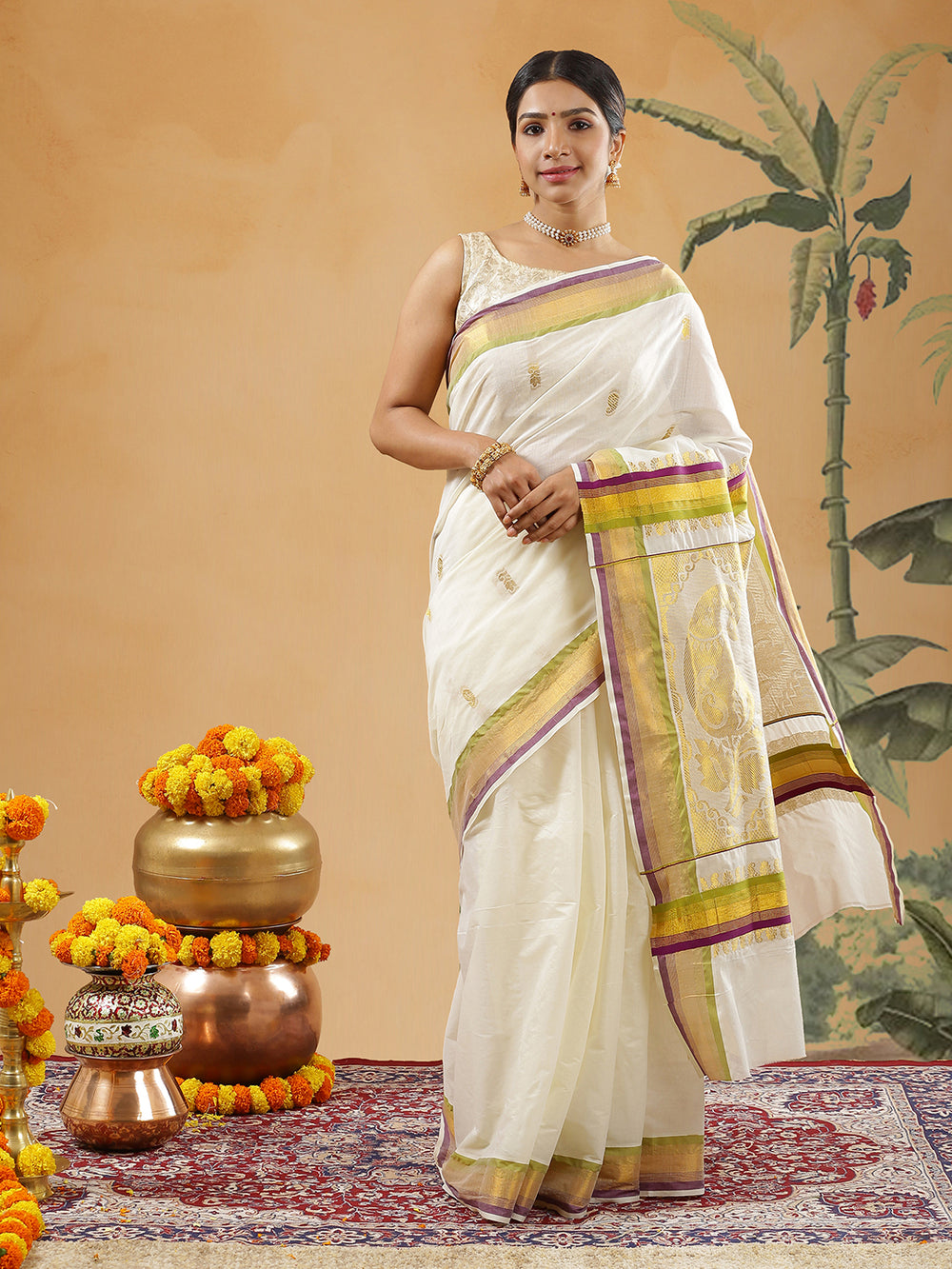 Off White Color Cotton Set Saree With Parrot Green And Purple Stripes On Golden Border