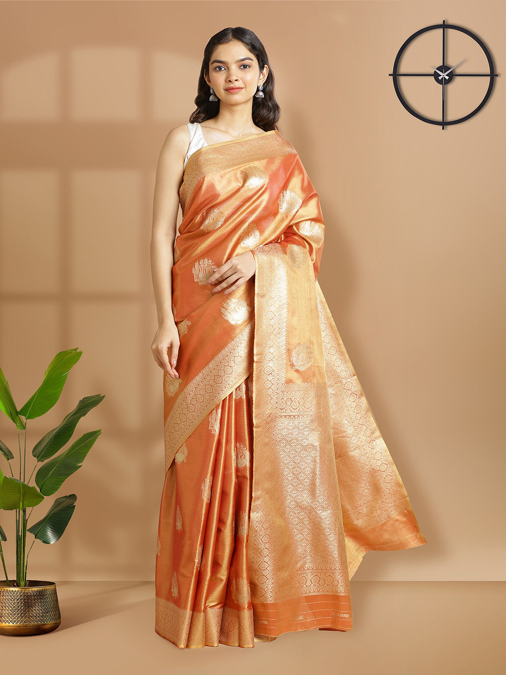 Metalic Rust Color With Golden Tissue Saree With Golden Buttas Over Body Same Border