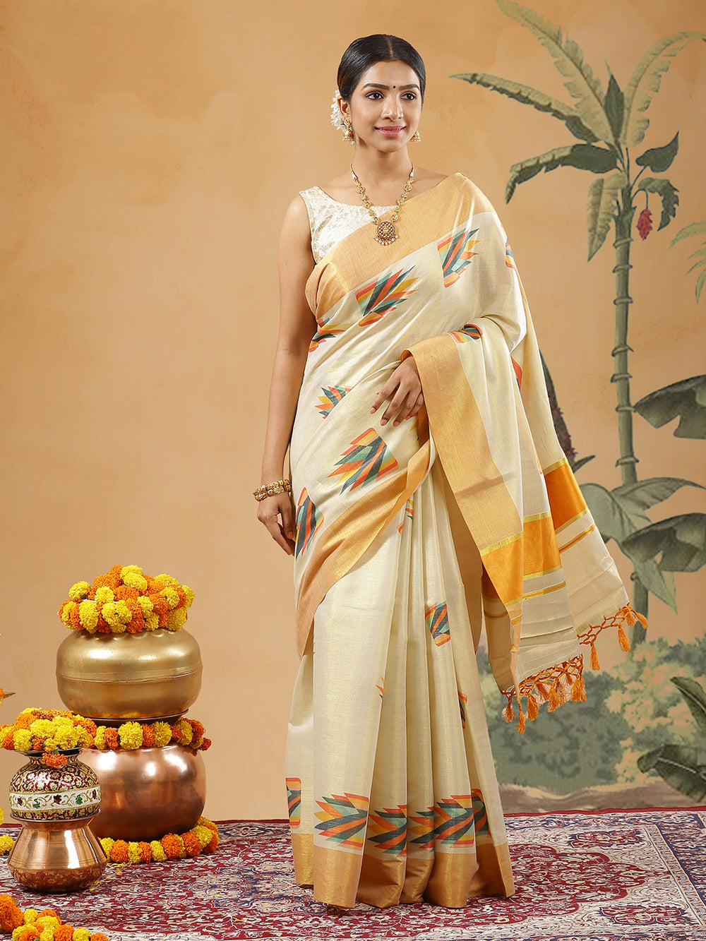 Golden Tissue Orange Border Set Saree With Multi Color Abstract Print All Over Body