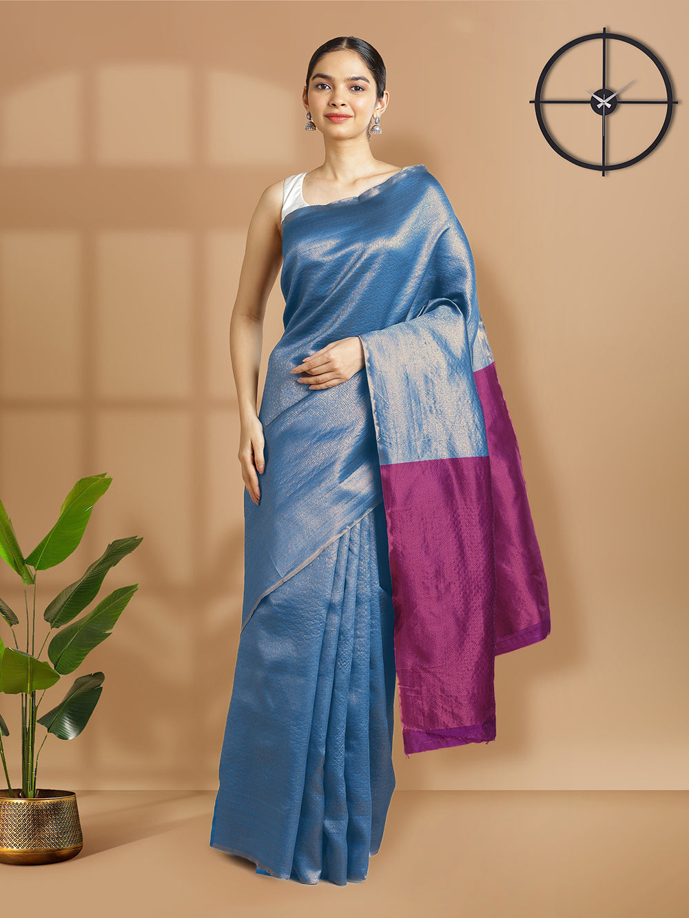Peacock Blue Copper Zari Check Designed Art Silk Saree With Purple Border