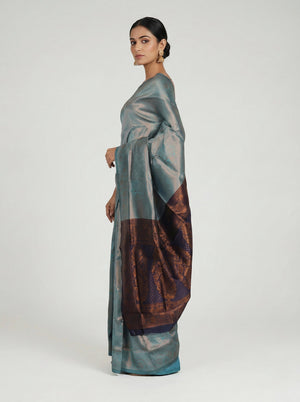Semi Silk Powder Blue Festive Wear Saree with Designer Floral Buttas