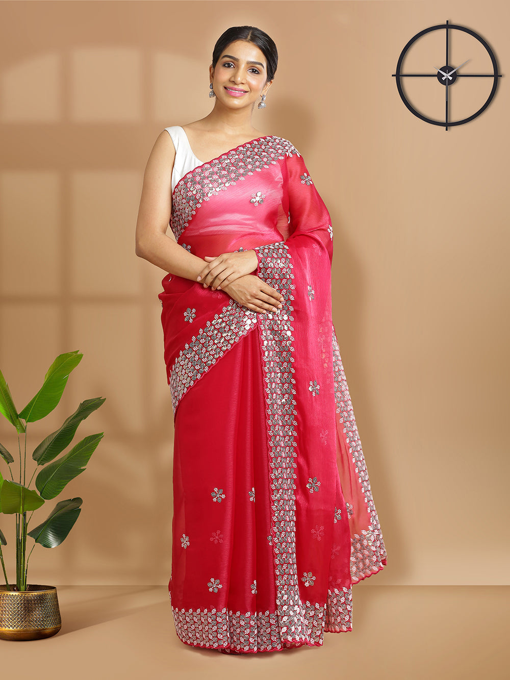 Ruby Red Organza Tissue Saree With Thread And Sequence Worked Buttas Over Body