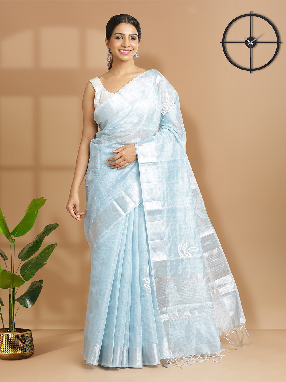 Powder Blue Color Semi Chanderi Tissue Cotton Saree With White Pearl Design Over Body