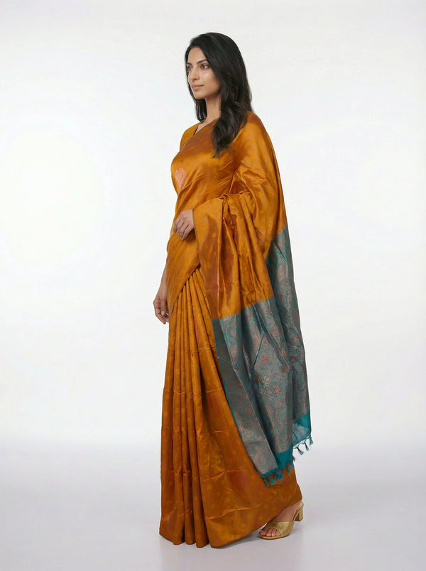 Semi Silk Mustard Yellow Saree with Peacock Blue Self Floral Motif Blouse