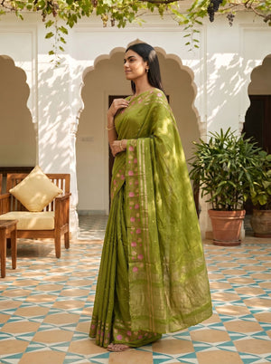 Semi Tussar Olive Green Floral Embroidery Border Saree