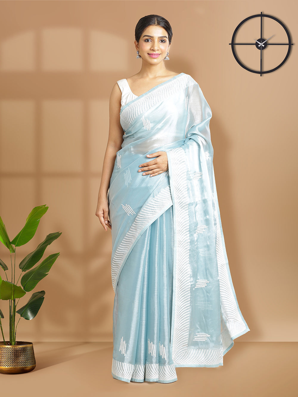 Light Blue Georgette Organza Saree With Thread And Stone Work Over Body