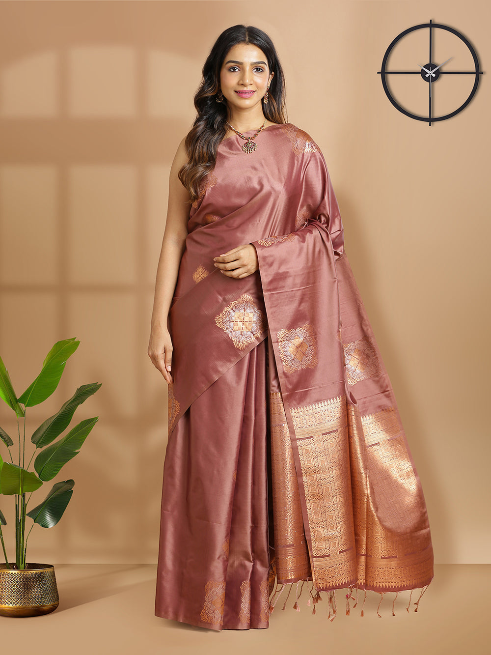Chocolate Brown Art Silk Saree With Copper Color Buttas Over Body
