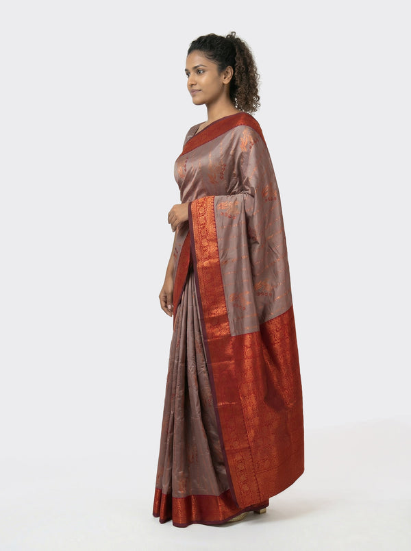 Semi Silk Ivory Brown Saree for Women with Maroon Small Buttas Blouse – Festive Wear