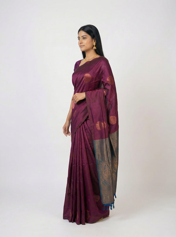 Semi Silk Wine  Saree with Copper Self Butta Motifs & Peacock Blue Blouse