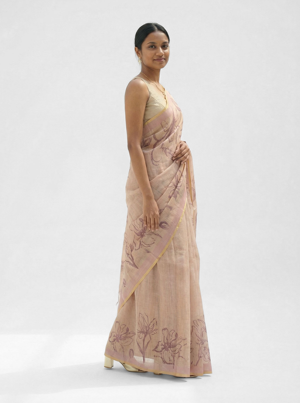 Chanderi Cotton Beige Abstract Floral Saree