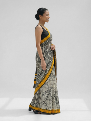 Chanderi Cotton Black White Striped Batik Saree