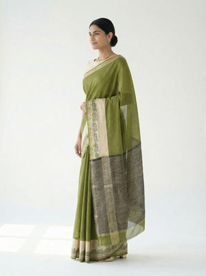 Chanderi Cotton Olive Green And Beige Printed Saree