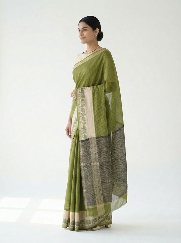 Chanderi Cotton Olive Green And Beige Printed Saree