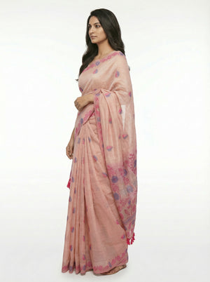 Semi Chanderi Pastel Peach Saree with Spread Dual Tone Leaf Design