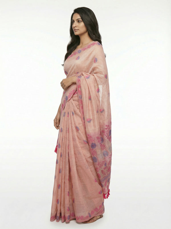 Semi Chanderi Pastel Peach Saree with Spread Dual Tone Leaf Design