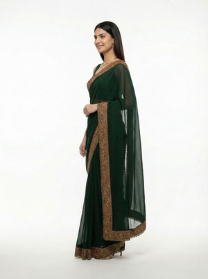 Georgette Bottle Green Embroidered Border Designer Saree