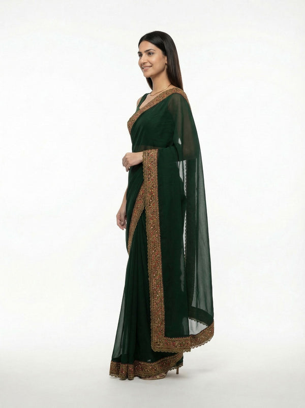 Georgette Bottle Green Embroidered Border Designer Saree
