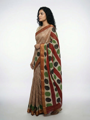 Cotton Cream Saree with Red Stripes and Polka Dot Printed Border