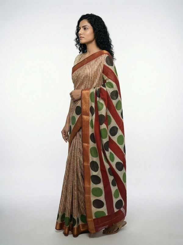 Cotton Cream Saree with Red Stripes and Polka Dot Printed Border