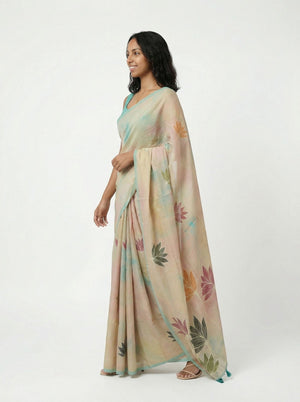 Chanderi Cotton Beige Lotus Printed Floral Saree