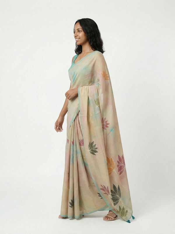 Chanderi Cotton Beige Lotus Printed Floral Saree