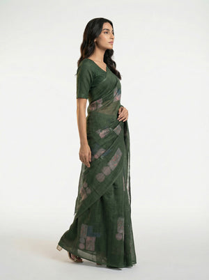 Cotton Dark Green Printed Saree with Abstract Floral Design