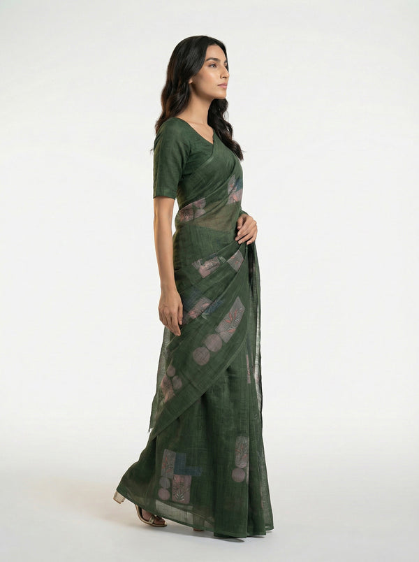 Cotton Dark Green Printed Saree with Abstract Floral Design
