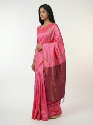 Semi Silk Rose Saree with Multicolour Zari Floral Design